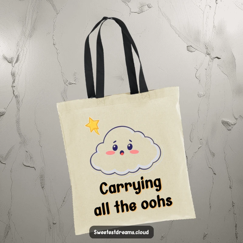 Funny cloud tote bag featuring a surprised cloud character observing a shooting star, great for carrying everyday surprises.
