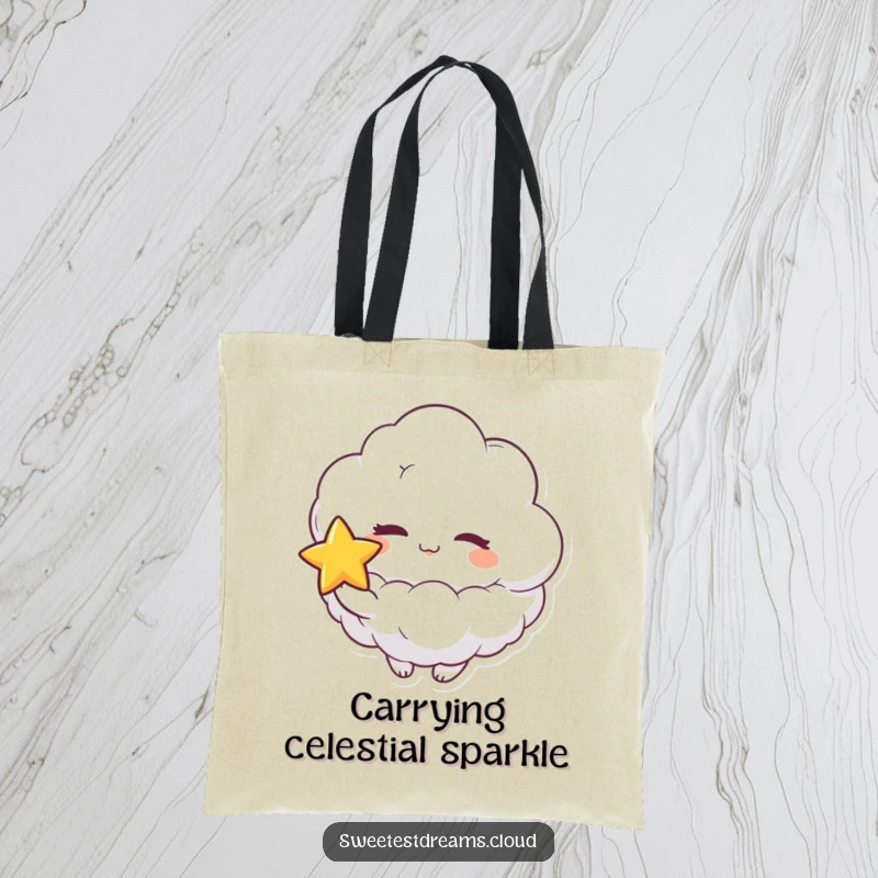 Funny tote bag showing a fluffy cloud character playfully winking and holding a star, a charming and humorous accessory for errands.