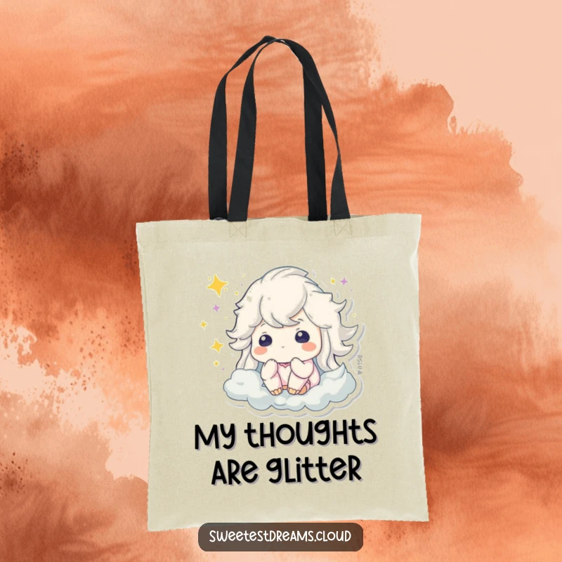 Funny tote bag featuring a character dreaming amidst swirling, magical sparkling dust, perfect for creative minds.