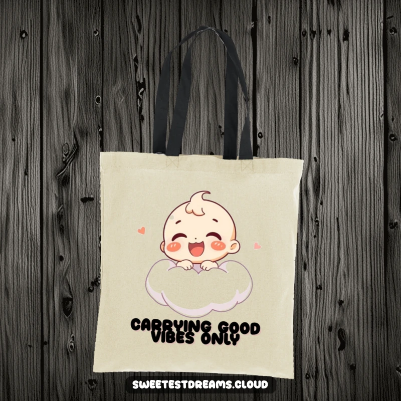 Funny tote bag depicting a joyful character giggling while floating on a soft cloud, symbolizing portable happiness and humor.