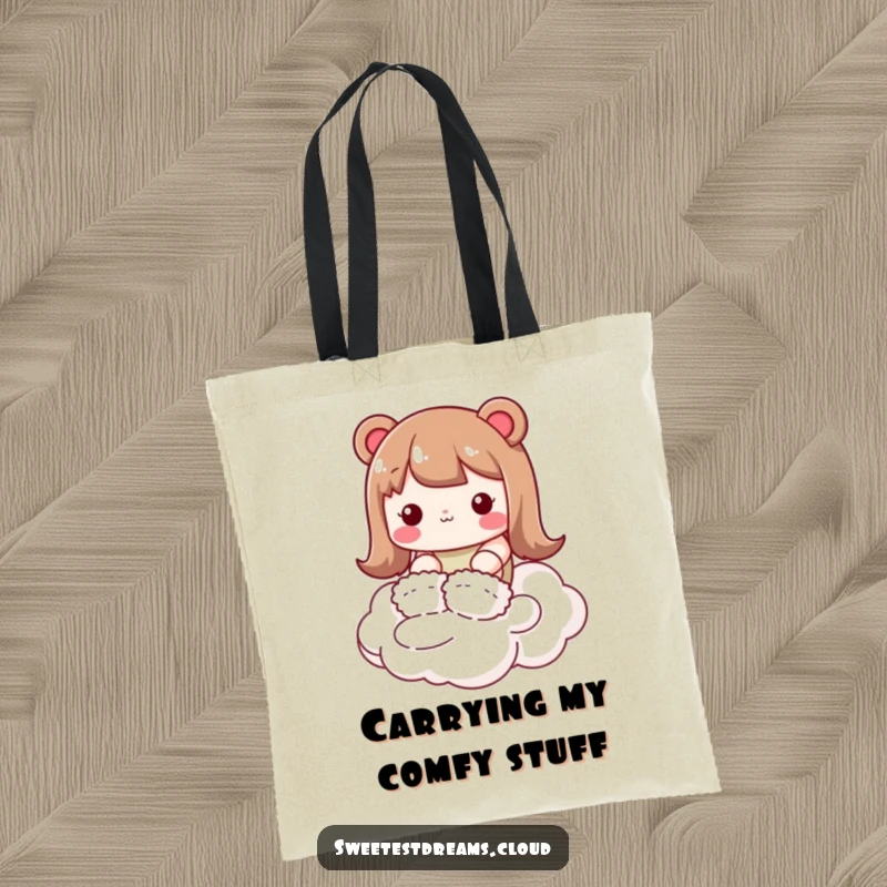 Funny kawaii character tote bag, wearing fluffy slippers, tiptoeing on a cloud, practical and humorous accessory.