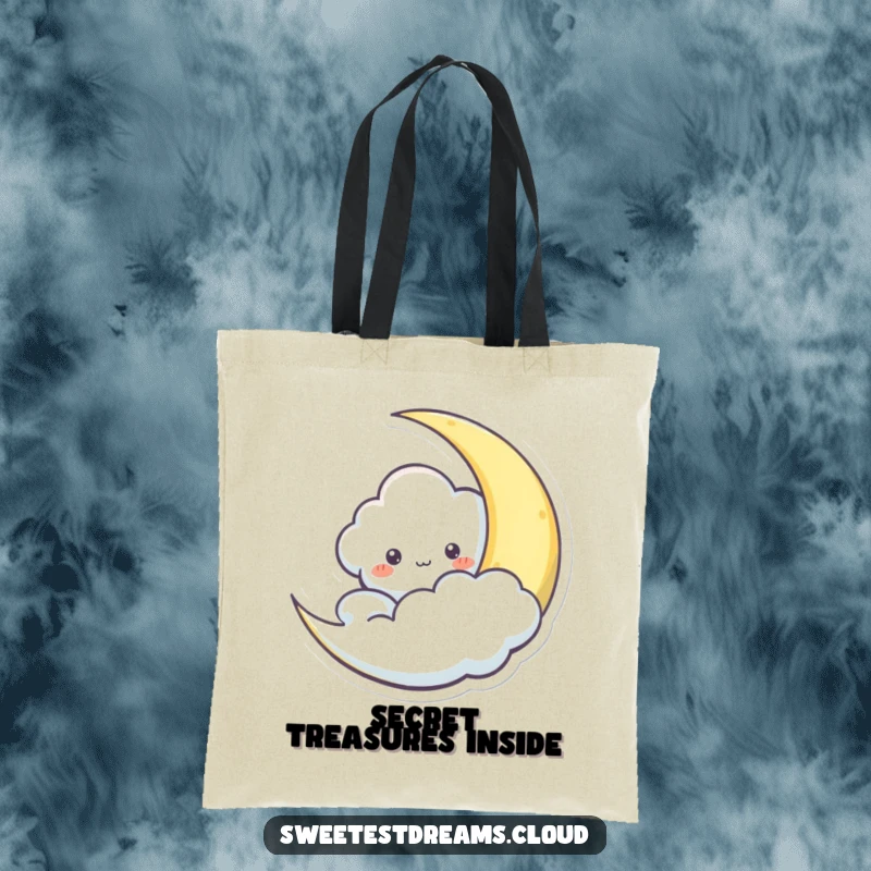 Funny tote bag with a cloud character playfully peeking from behind a crescent moon, perfect for whimsical adventures.