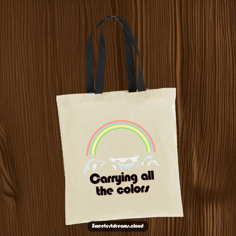 Funny Rainbow Cloud Tote Bag showing a gentle rainbow arching over soft clouds, ideal for carrying items with hopeful and humorous flair.
