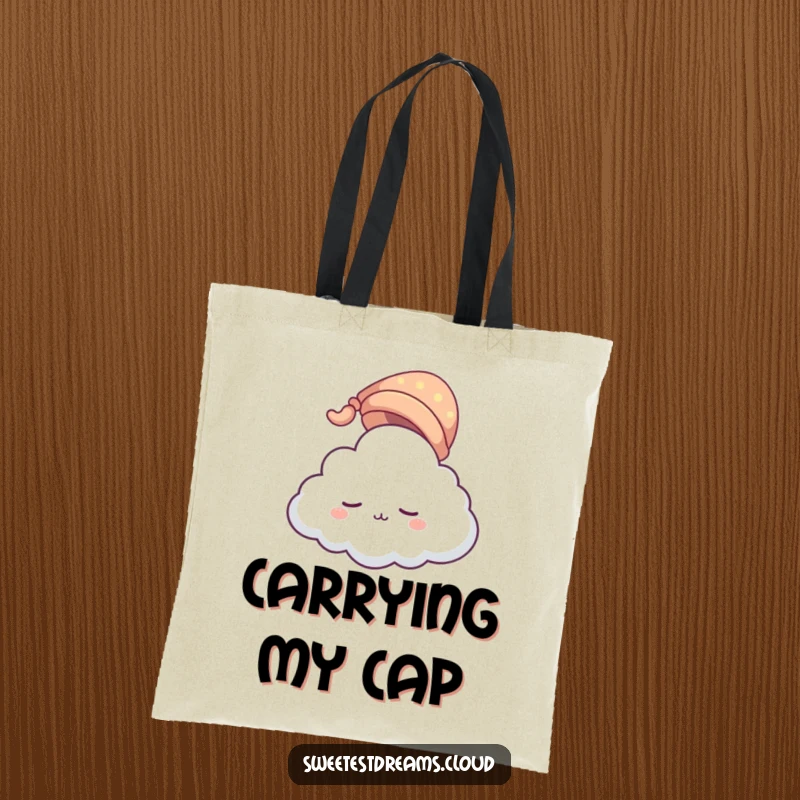 Funny cloud character tote bag wearing a tiny sleeping cap, floating gently. A humorous and practical accessory for peaceful journeys.