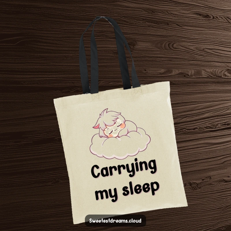 Funny Tote Bag: Character peacefully sleeping on a cloud, a serene and funny accessory for everyday use.