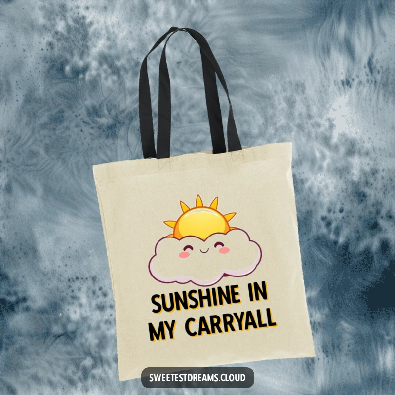 Funny Sunny Cloud Tote Bag showing a bright, smiling sun peeking from playful clouds, ideal for carrying items with cheerful and humorous flair.