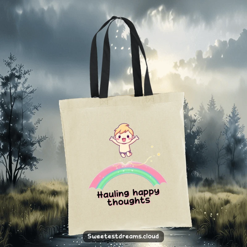 Funny Tote Bag showcasing a character joyfully leaping over a shimmering rainbow, perfect for carrying everyday items with flair.