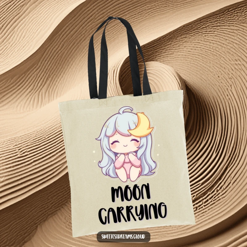 Funny Tote Bag featuring a character sharing a dreamy smile with a sleepy moon, perfect for carrying items with a nighttime theme.